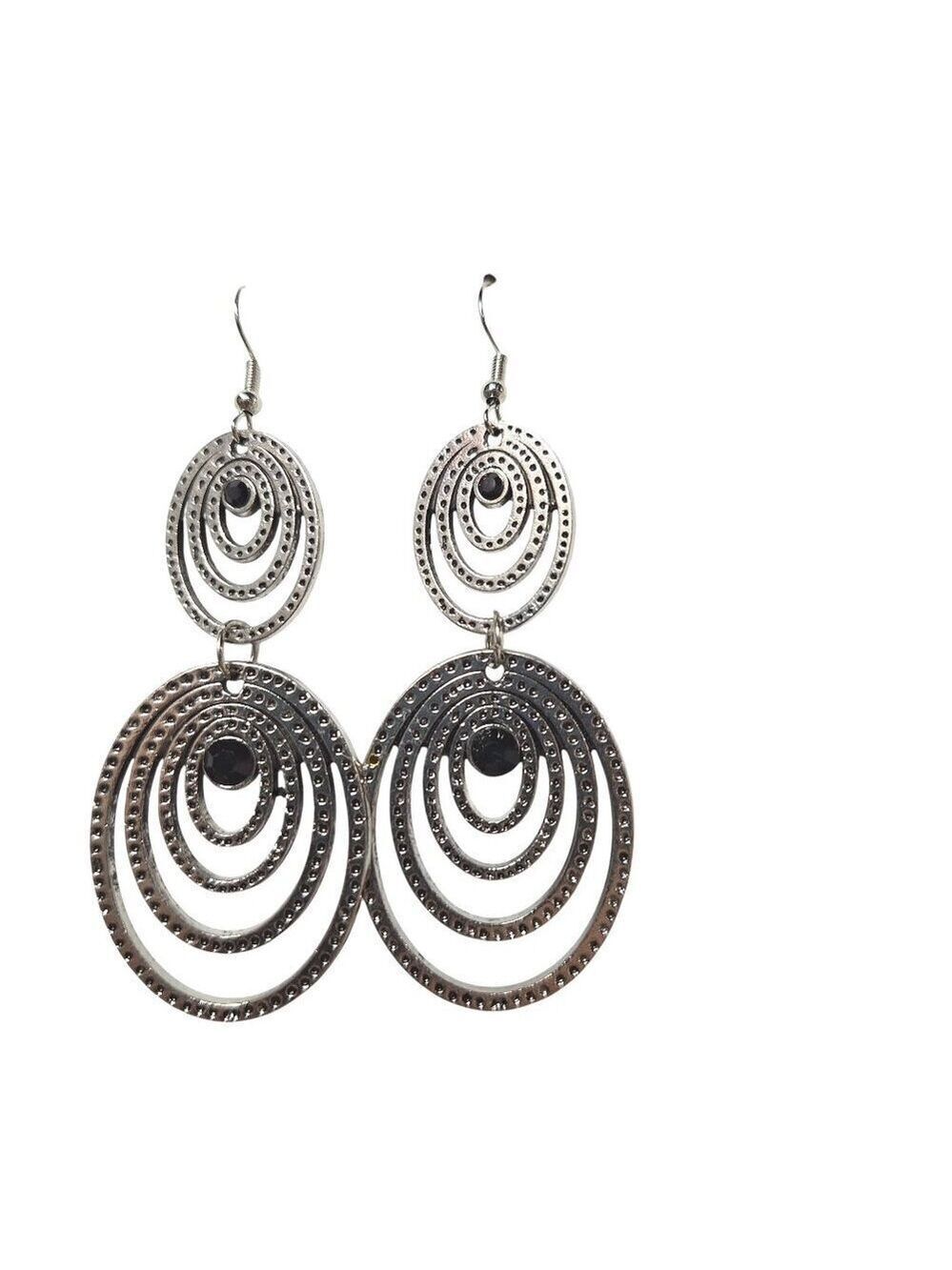 Silver Tone Oval Earrings Black Gem Accents